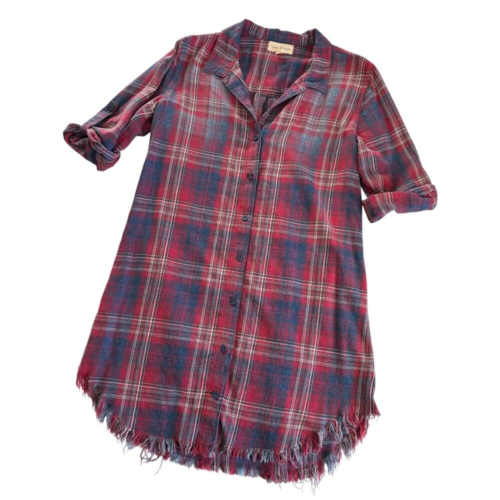 Cloth & Stone Plaid Curved Frayed Edge Shirt Dress in Red/Blue Women’s Small